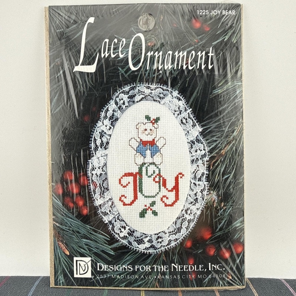 Vintage Lace Embroidery Christmas Ornament Kit - 1225 Joy Bear DMC Designs